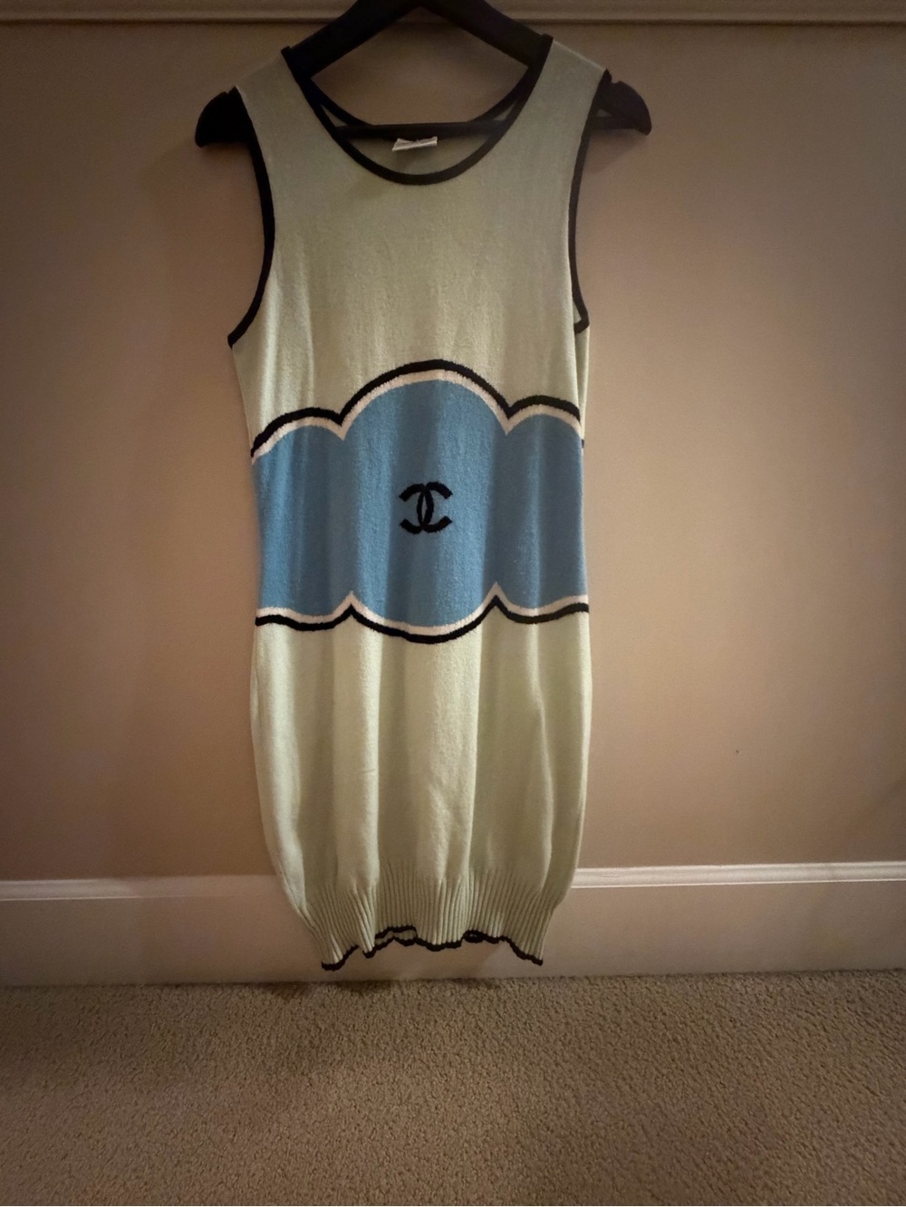 CHANEL Light Green and Light Blue Knit Midi Dress with Black Trim
